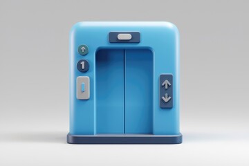 Poster - A cartoon-style blue elevator with buttons for up, down, and floor selection.