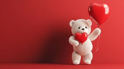 Wall Mural - A white teddy bear holding a red heart balloon in front of a red background.