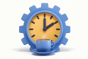 Leinwandbilder - A blue gear-shaped clock shows the time with a cup of coffee signifying productivity and time management.