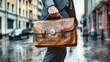 © Anoo - Businessman strides confidently through the city with a sleek brown leather bag on a cloudy day