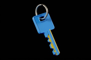 Poster - A blue and yellow key with a keyring, isolated on a transparent background.  Simple, modern design.