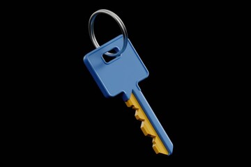 Poster - A 3D rendered image of a blue and yellow key with a silver keyring.