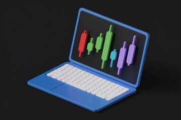 Poster - A blue laptop displays a candlestick chart, illustrating stock market analysis and trading.