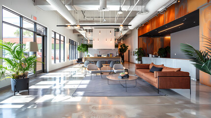 Poster - Modern Office Lobby: Sunlight streams through large windows illuminating a contemporary office lobby with sleek furniture, a minimalist reception desk, potted plants, and a cozy lounge area.  