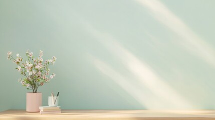 Poster - Minimalist Spring Workspace with Pastel Decor and Natural Elements