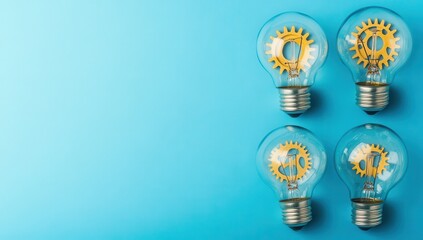 Poster - Creative concept of light bulbs with gears illustrating innovation, ideas, technology, and engineering against a bright blue background for design projects