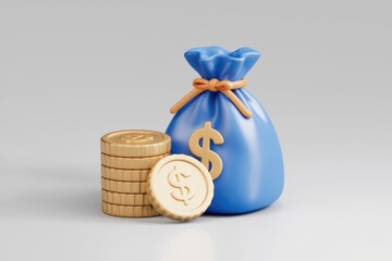 Aufkleber - A 3D rendering of a blue money bag with gold coins, symbolizing wealth and financial prosperity.