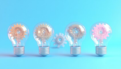 Poster - Creative Concept of Light Bulbs with Gears Symbolizing Innovation, Ideas, and Technology on a Blue Background for Unique Stock Photo Use