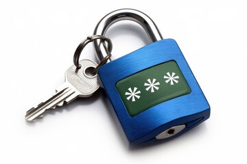 Poster - Blue padlock with key representing password security and data protection.