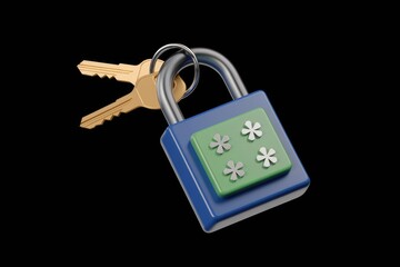 Aufkleber - A blue padlock with a green combination and golden keys attached, symbolizing security and protection.