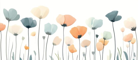 Wall Mural - Abstract vector illustration of flowers, simple shapes and lines, white background, orange, red, and green color palette, poppy design