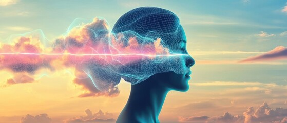 Fototapete - Double Exposure Image of  Exploring digital consciousnesshuman mind visualization futuristic landscape art