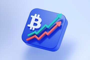 Aufkleber - Bitcoin price growth represented by upward trending arrows on a blue square.