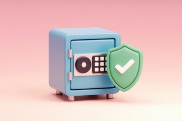 Poster - A blue safe with a green checkmark shield, symbolizing secure data protection.