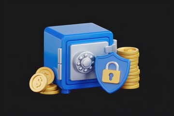 Poster - A blue safe with a shield and padlock, symbolizing secure financial protection.