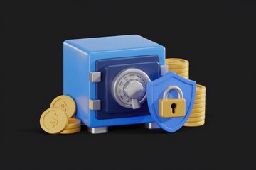 Poster - A blue safe with a combination lock, protected by a shield and surrounded by gold coins, symbolizes financial security.