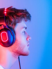 Poster - Young Gamer Immersed in Video Gaming with Neon Lit Headset