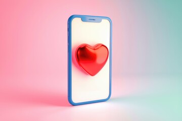 Poster - A shiny red heart rests on a blue smartphone screen, symbolizing love and digital connection.