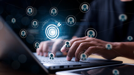 Wall Mural - white dartboard and white arrow connection linkage with human icon for customer focus target group a