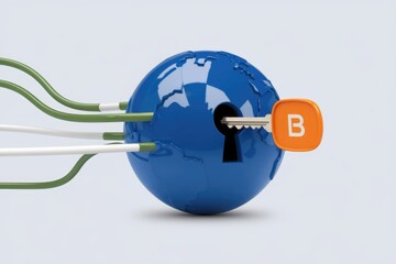 Poster - Global network security concept with key unlocking a blue earth, symbolizing data protection and access.