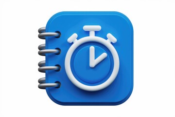 Fototapete - A blue spiral notebook icon with a white stopwatch signifying time management and scheduling.