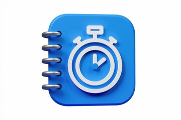 Poster - A 3D rendered blue notepad icon featuring a stopwatch, symbolizing time management and scheduling.