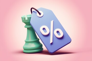 Poster - A teal chess rook stands beside a blue sale tag, symbolizing strategic discounts.