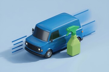 Poster - A blue van speeding with a cleaning spray bottle beside it, symbolizing fast and clean delivery service.