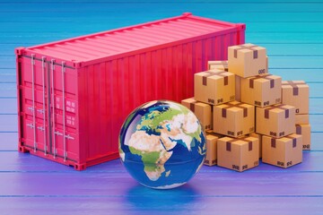 Poster - Global shipping and logistics concept illustrated with a cargo container, packages, and a world globe.