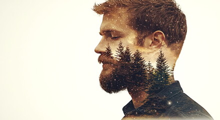 Poster - Double Exposure Image of  Contemplative portrait of a man with forest overlay in a calm natural setting