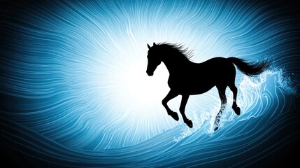 Poster - The silhouette of Dynamic black horse running on ocean waves abstract art energetic seascape