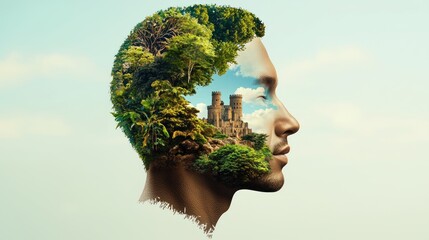 Poster - Double Exposure Image of  Nature-inspired mindscapea serene exploration of inner landscapes outdoors art