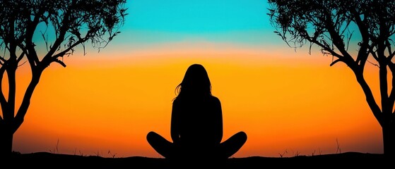 Poster - The silhouette of Meditation at sunset serene landscape silhouette view tranquil nature scene