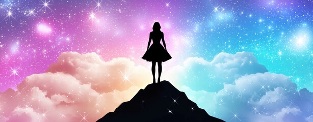 Poster - The silhouette of Woman standing on mountain under starry sky dreamy landscape inspirational viewpoint