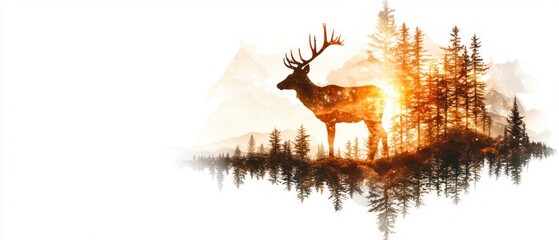 Poster - Double Exposure Image of  Tranquil forest sunset majestic deer silhouette in nature's artistic view