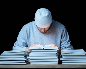 Poster - Nighttime Focus Student Studying Amidst Books in a Cozy Library Setting