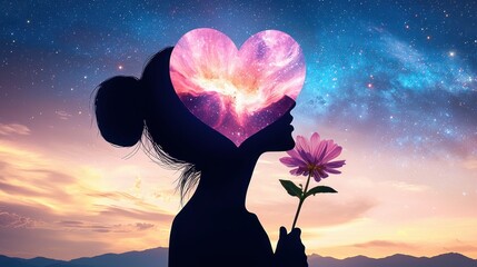 Poster - Romantic cosmic dreamer holding flower twilight landscape digital art surreal vibes