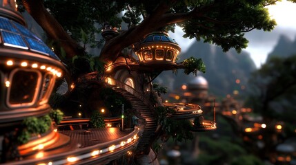 Wall Mural - Futuristic Treetop Village: A Serene Escape in the Mountains