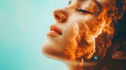 Poster - Ethereal woman embracing cosmic elements dreamlike landscape art photography serenity