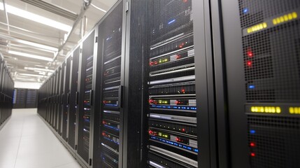 Poster - High-Tech Data Center with Rows of Server Racks Illuminated by Colorful LED Lights in a Modern Facility Setting