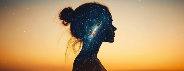 Aufkleber - Silhouette of woman against cosmic sunset artistic portrait dreamy atmosphere conceptual