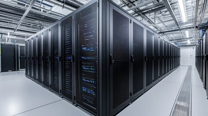 Poster - Modern Data Center with Rows of Server Racks, Optimized for High-Performance Computing and Data Processing in a Sleek and Organized Environment