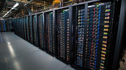 Poster - A High-Tech Server Room Featuring Rows of Rack-Mounted Servers Displaying Colorful LED Lights and Cables in a Modern Data Center Environment