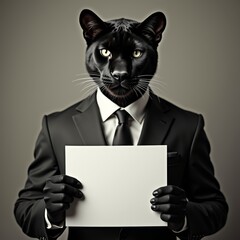 Wall Mural - Anthropomorphic panther holding blank sign, Business dressed.