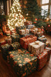 © bcendet - A large pile of wrapped Christmas gifts sits on a wooden floor in front of a decorated Christmas tree.