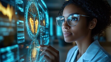 Poster - Scientist analyzing data on a futuristic digital interface.