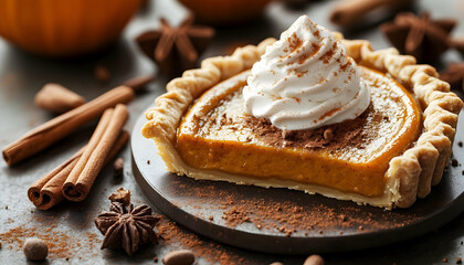 Canvas Print - A slice of pumpkin pie with whipped cream and cinnamon. (1)