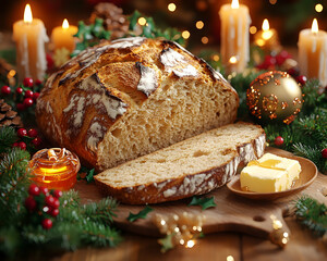 Canvas Print - Christmas loaf of bread sliced, butter, candles, festive decorations.