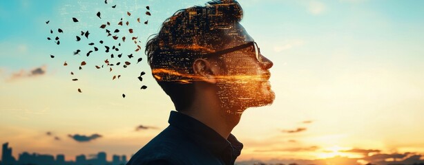 Poster - Transformative portrait of a man against cityscape at sunset reflective mood digital art