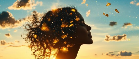 Aufkleber - Dreamy girl silhouette with floating leaves sunset landscape emotional concept art